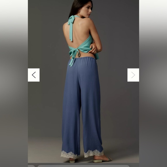Anthropologie Lace Trim Silky Pants Size Medium Blue Drawstring Waist Pockets - Picture 2 of 14